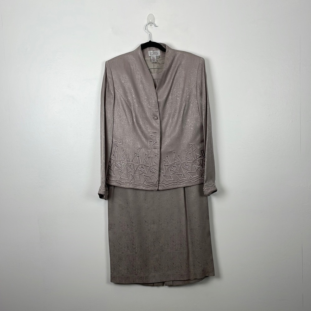 Adrianna Papell Silk 2 piece skirt suit women 12 Maxi beige brown long sleeve